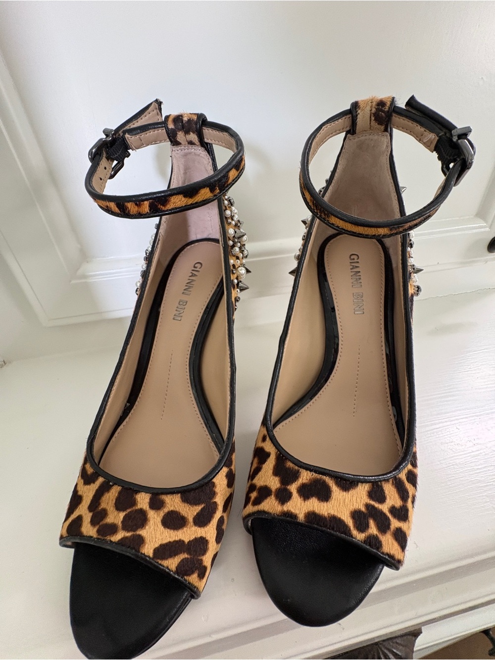 Gianni Bini Leopard Print Pearl-Embellished Ankle Strap Heels - Brown - Picture 3 of 5